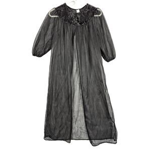 Vintage Berkliff Nylon Robe Womens Medium Night Gown Black Sheer Lingerie Flowy